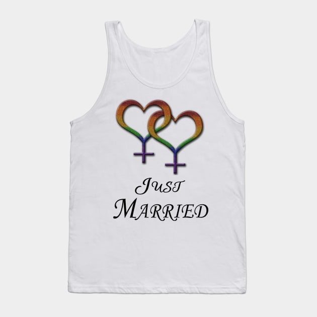 Just Married Lesbian Pride with Interlinking Female Gender Symbols Tank Top by LiveLoudGraphics